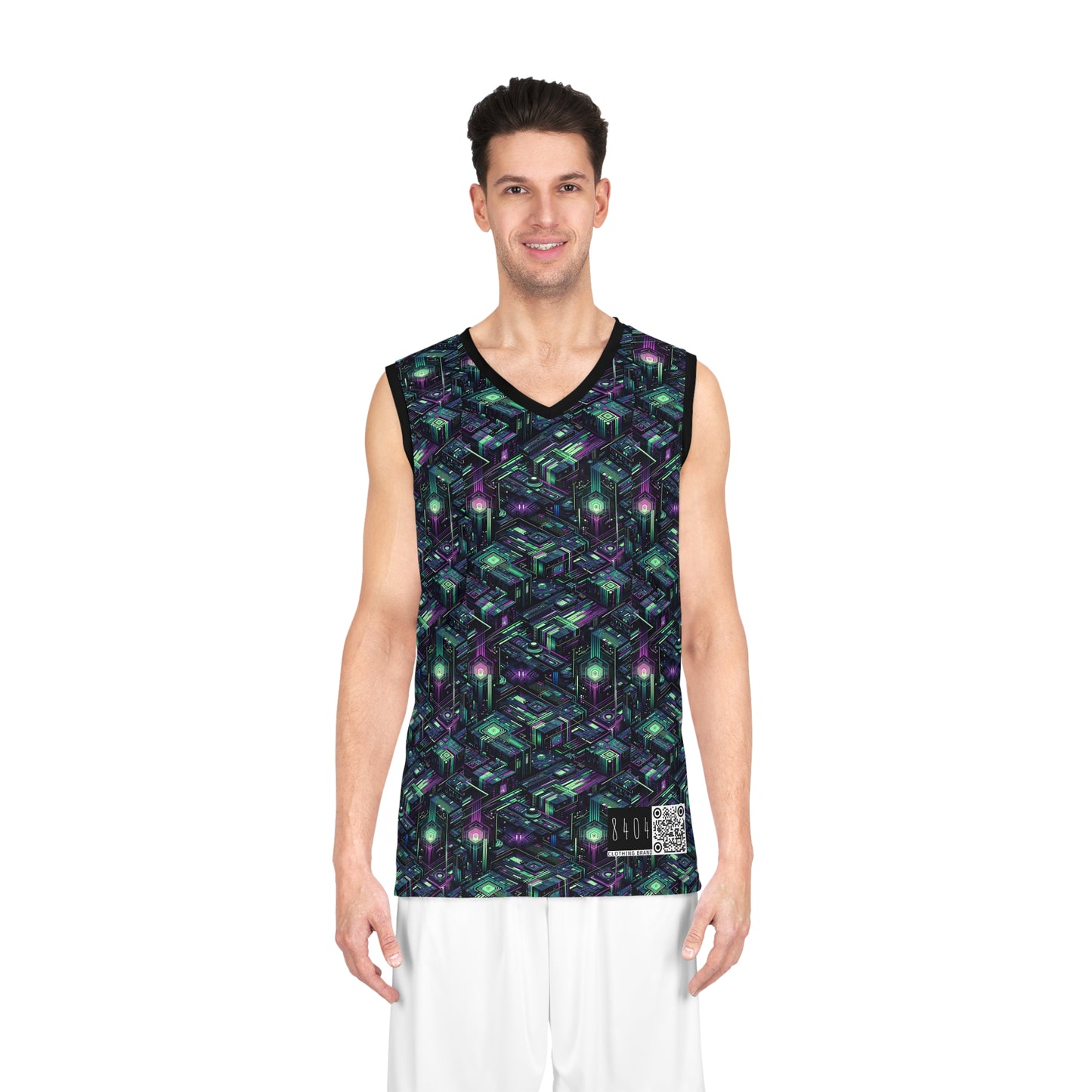 Tech Noir Aesthetics Tech-Forward Urban Dystopia Basketball Jersey - 8404 Design-43