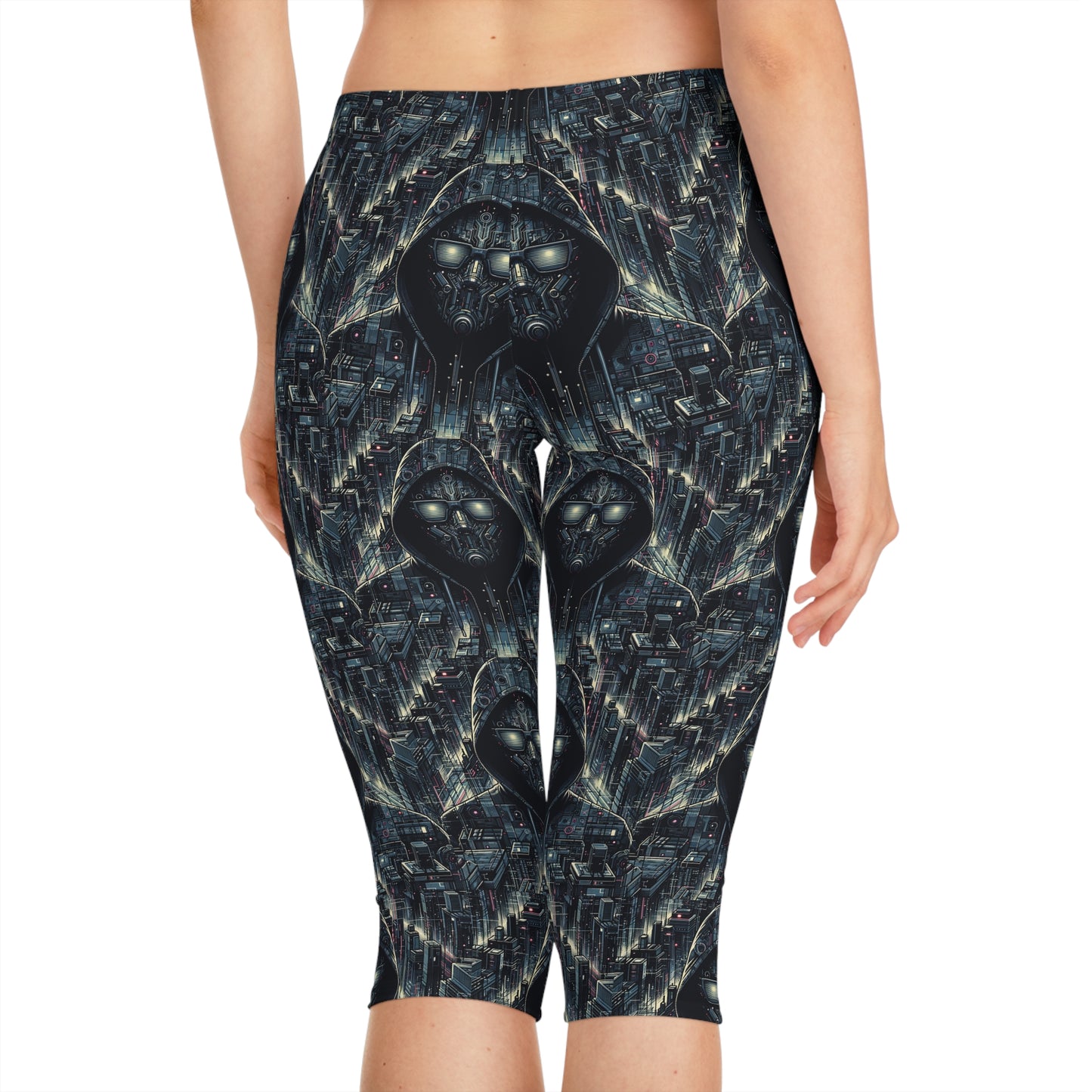 Tech Noir Aesthetics Sleek Tech Streetwear Women's Capri Leggings - 8404 Design-56