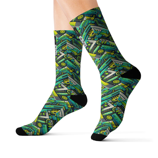 Tech-Infused Neon Tech-Forward Streetwear Sublimation Socks - 8404 Design-52