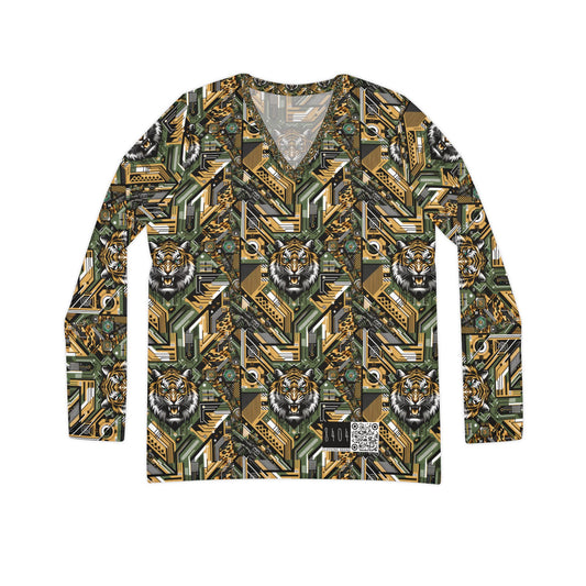 Neo-Camo Fusion Tech-Forward Streetwear Women's Long Sleeve V-Neck Shirt - 8404 Design-58