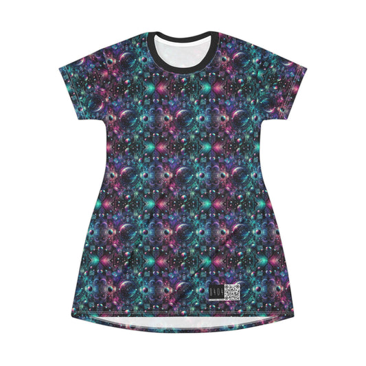 Galactic Hues Tech-Forward Cosmic Fusion T-Shirt Dress - 8404 Design-59