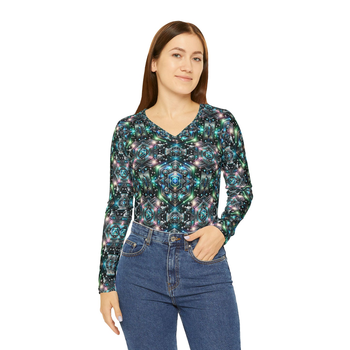 Tech-Infused Futurism Futuristic Tech Women's Long Sleeve V-Neck Shirt - 8404 Design-63
