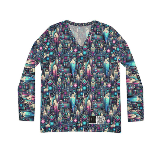 Digital Renaissance Tech-Forward Maximalism Women's Long Sleeve V-Neck Shirt - 8404 Design-56