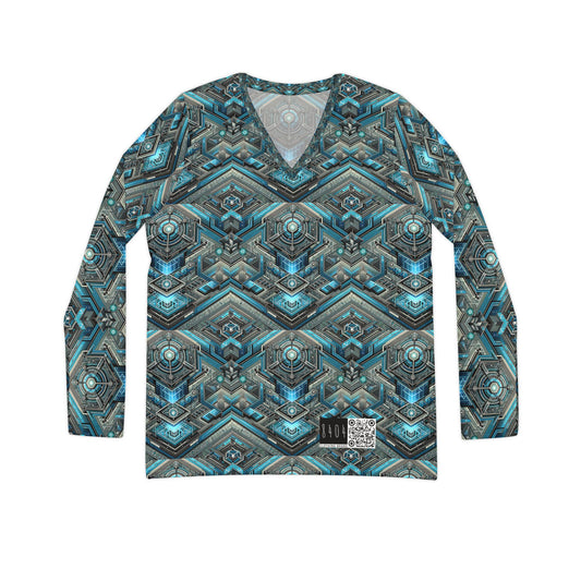 Tech-Infused Futurism Sleek Tech Edge Women's Long Sleeve V-Neck Shirt - 8404 Design-49