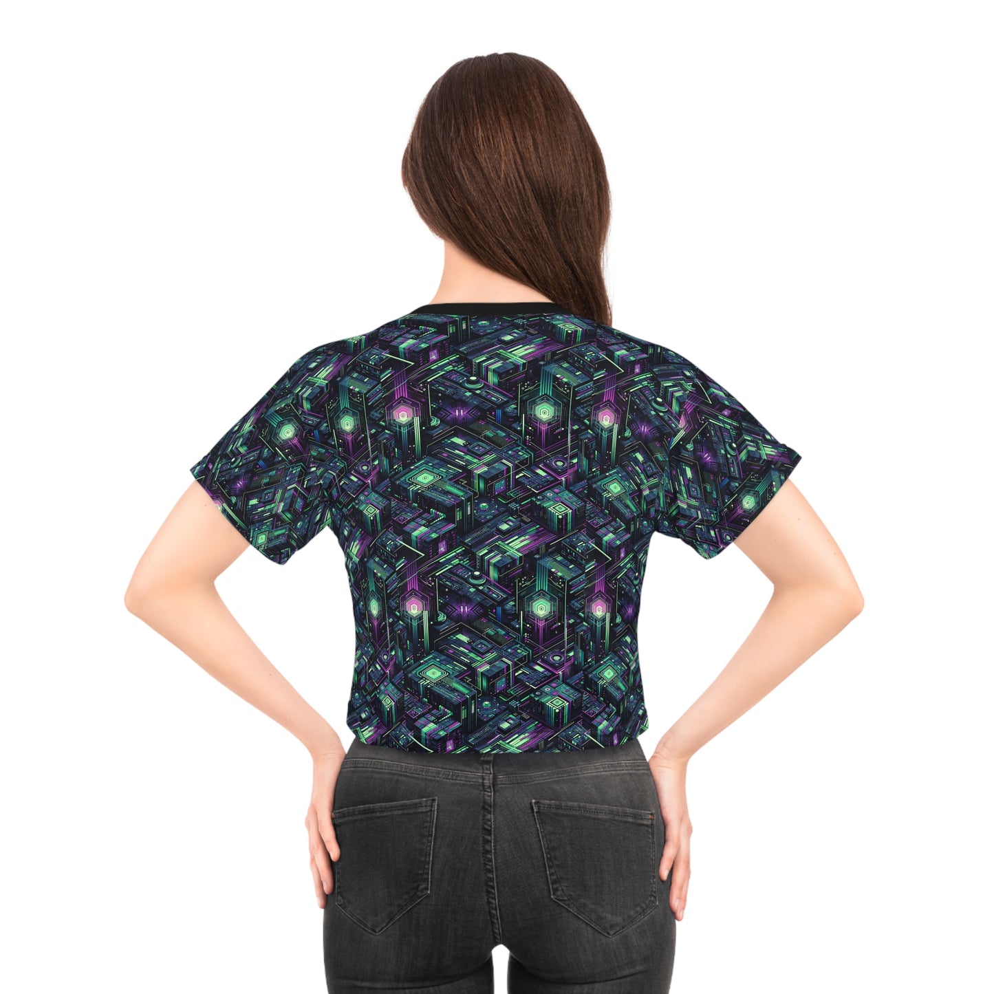 Tech Noir Aesthetics Tech-Forward Urban Dystopia Crop Tee - 8404 Design-43