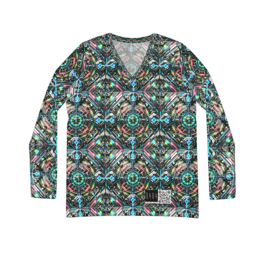 Tech-Infused Futurism Futuristic Tech Women's Long Sleeve V-Neck Shirt - 8404 Design-53