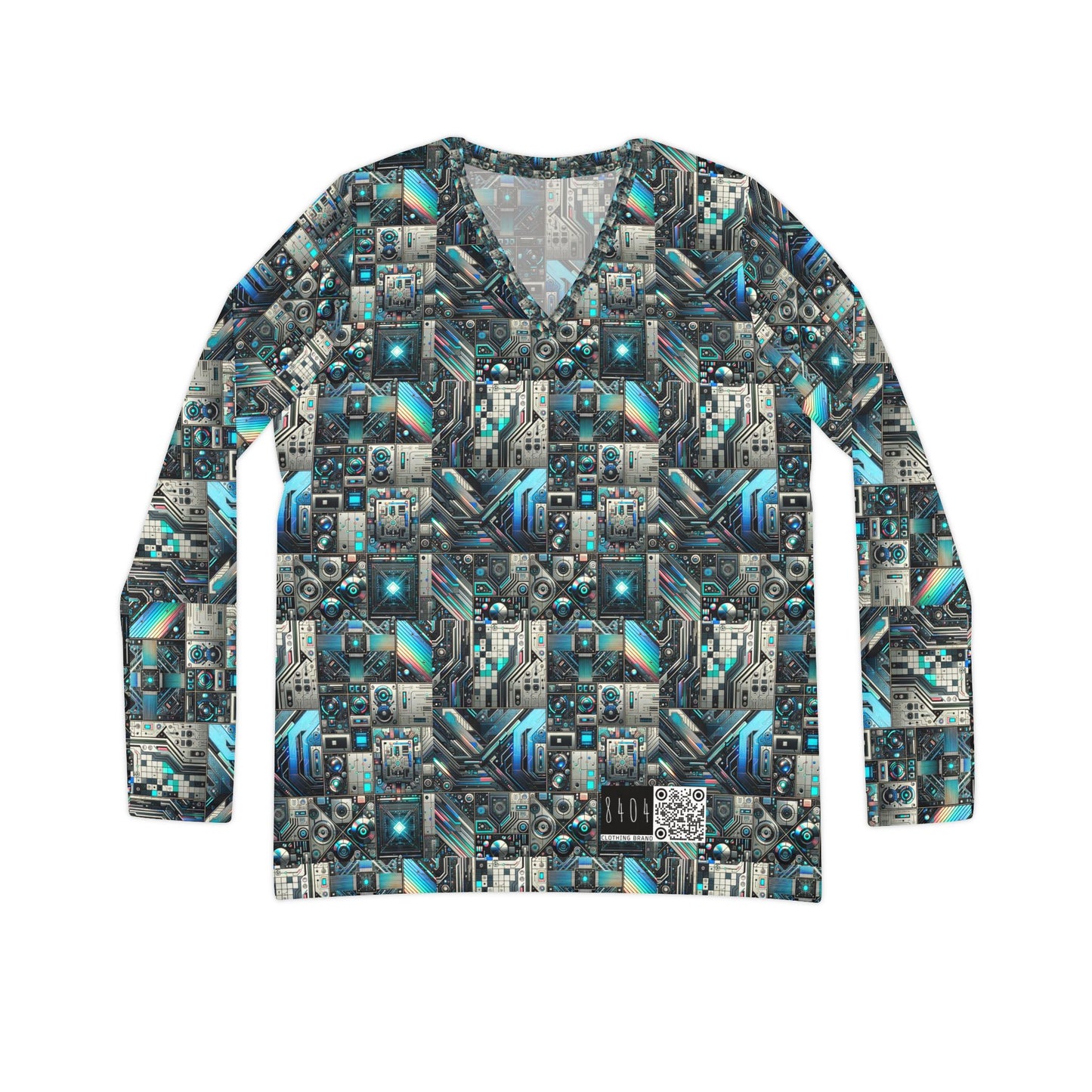 Tech-Infused Futurism Sleek Tech Edge Women's Long Sleeve V-Neck Shirt - 8404 Design-48