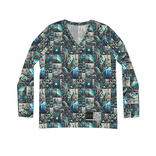 Tech-Infused Futurism Sleek Tech Edge Women's Long Sleeve V-Neck Shirt - 8404 Design-48