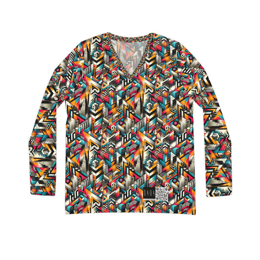 Graffiti Revival Urban Street Art Women's Long Sleeve V-Neck Shirt - 8404 Design-62
