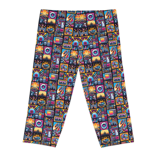 Digital Pop Culture Mashup Maximalist Pop Women's Capri Leggings - 8404 Design-52