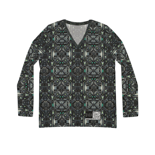 Tech Noir Tech-Forward Minimalism Women's Long Sleeve V-Neck Shirt - 8404 Design-52