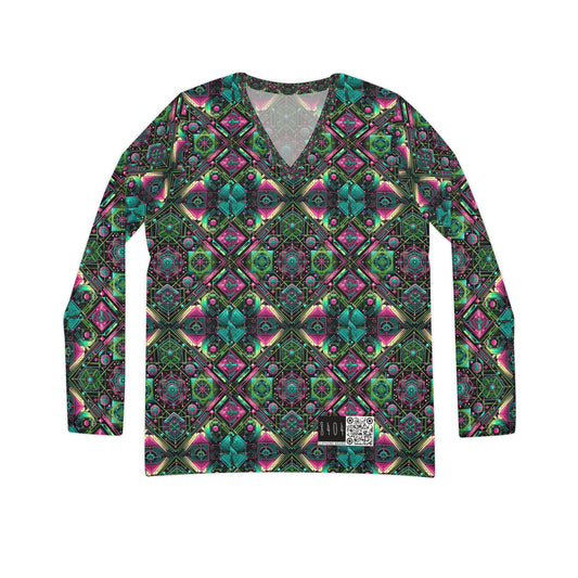 Tech-Infused Graphics Tech-Forward Streetwear Women's Long Sleeve V-Neck Shirt - 8404 Design-45