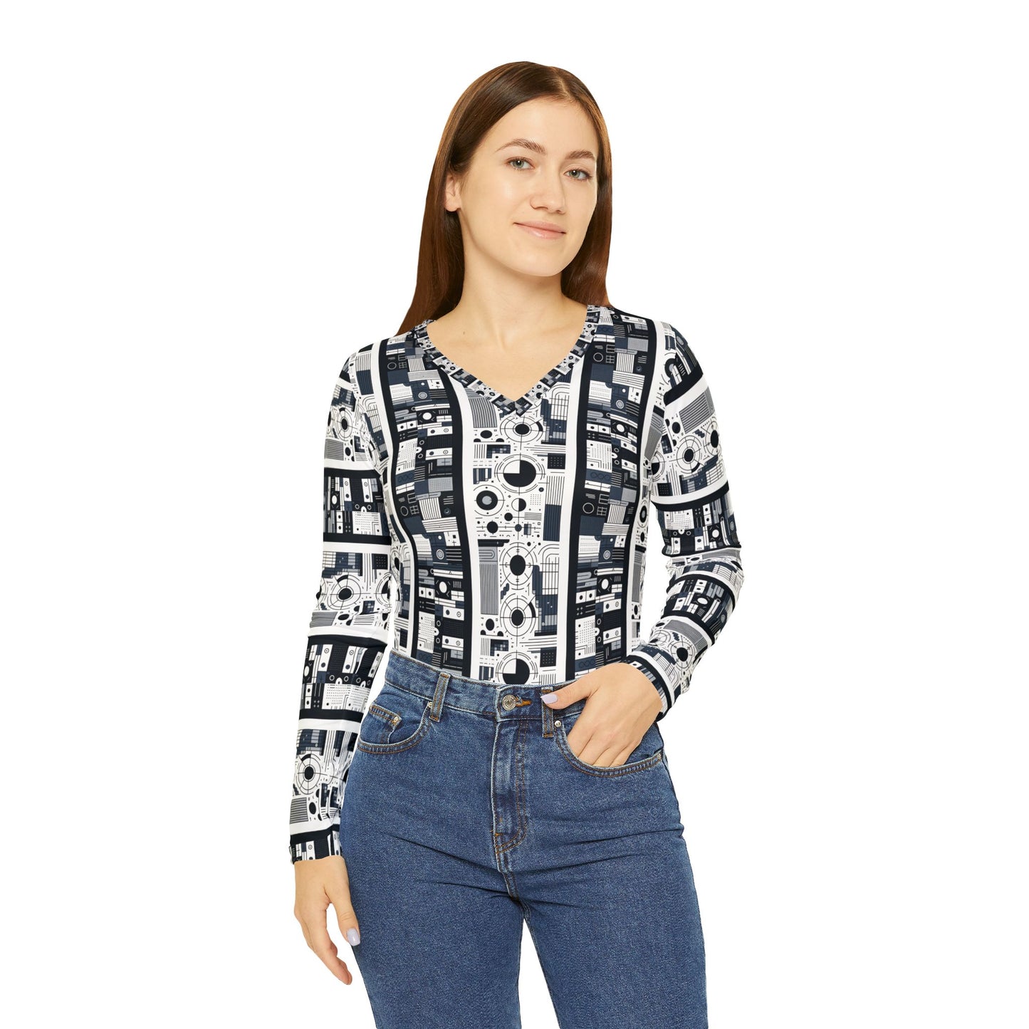 Minimalist Athleisure Minimalist Tech Women's Long Sleeve V-Neck Shirt - 8404 Design-54