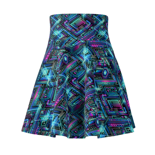 Digital Dreamland Futuristic Tech Aesthetic Women's Skater Skirt - 8404 Design-42