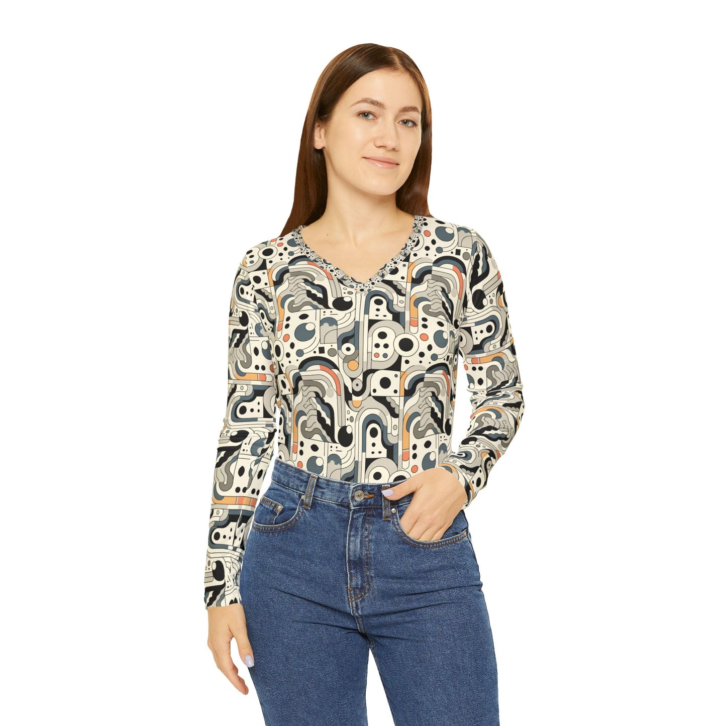 Modern Minimalism Minimalist Tech Women's Long Sleeve V-Neck Shirt - 8404 Design-60