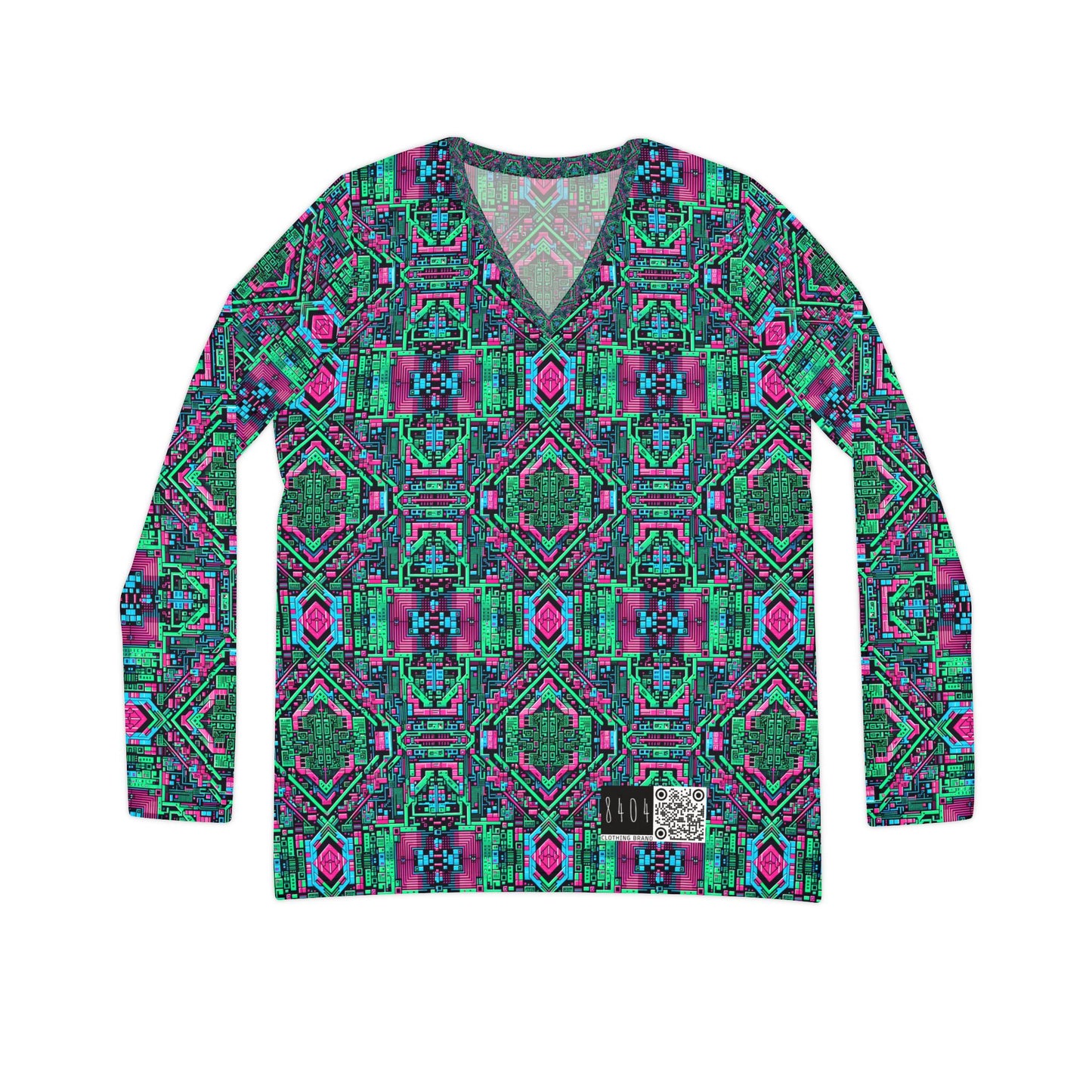 Digital Glitch Vibes Tech-Inspired Streetwear Women's Long Sleeve V-Neck Shirt - 8404 Design-71