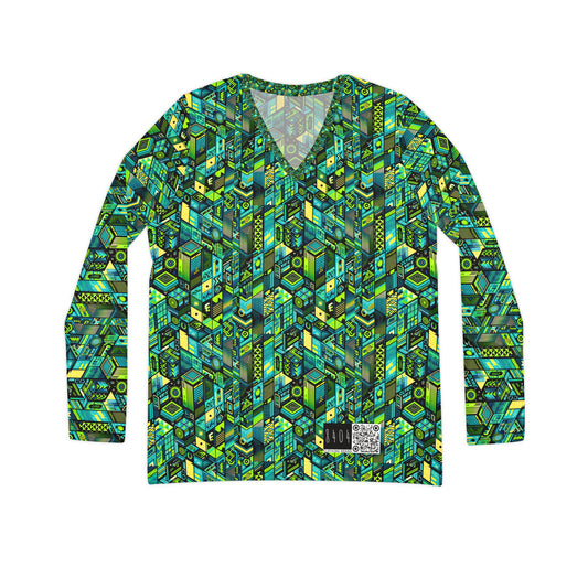 Tech-Infused Neon Tech-Forward Streetwear Women's Long Sleeve V-Neck Shirt - 8404 Design-61