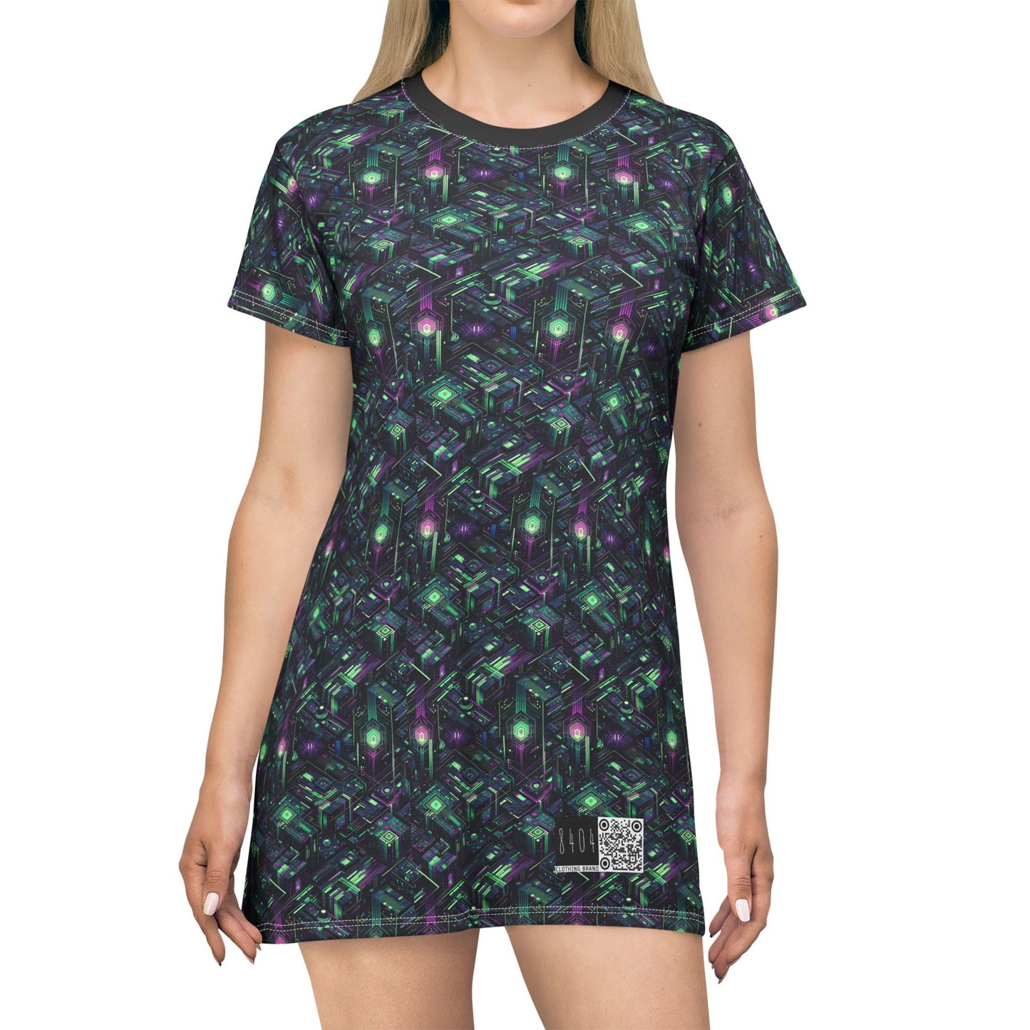 Tech Noir Aesthetics Tech-Forward Urban Dystopia T-Shirt Dress - 8404 Design-43