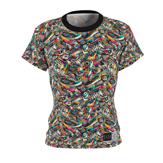 Urban Graffiti Fusion Eclectic Street Art Meets Modern Tech Culture Women's Cut & Sew Tee - 8404 Design-55