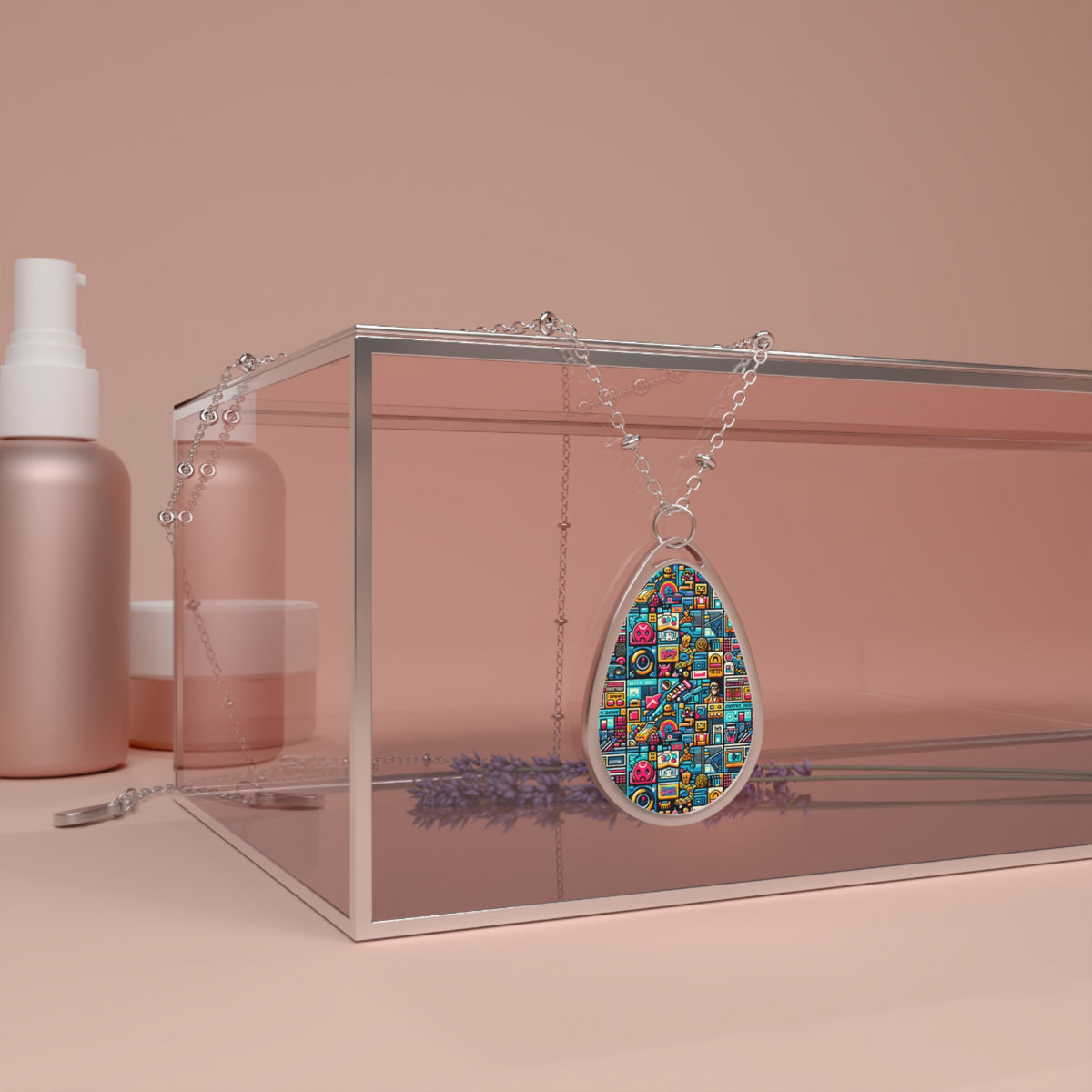 Digital Pop Culture Mashup Maximalist Pop Oval Necklace - 8404 Design-47
