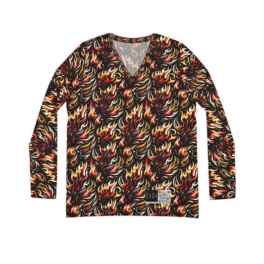 Fire & Flames Bold Streetwear Statement Women's Long Sleeve V-Neck Shirt - 8404 Design-60