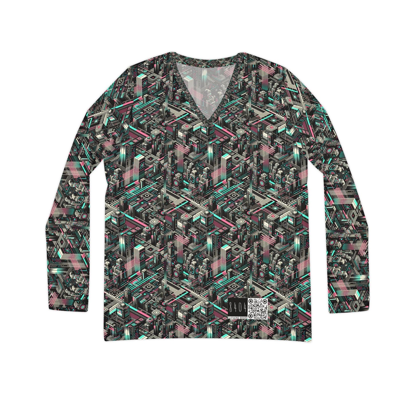 Digital Dreamland Tech-Inspired Streetwear Women's Long Sleeve V-Neck Shirt - 8404 Design-51