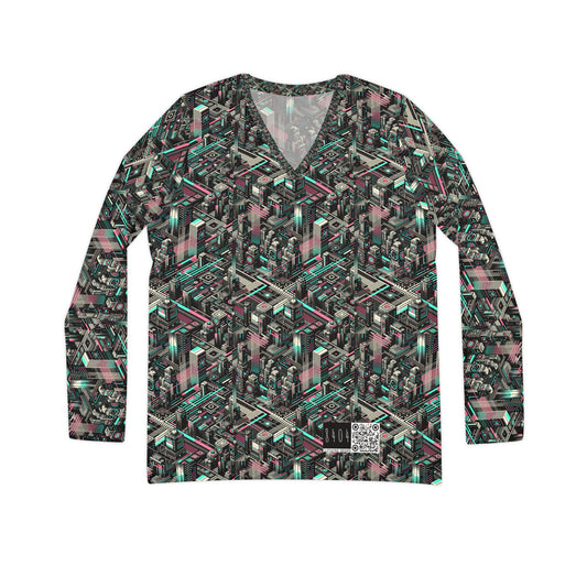 Digital Dreamland Tech-Inspired Streetwear Women's Long Sleeve V-Neck Shirt - 8404 Design-51