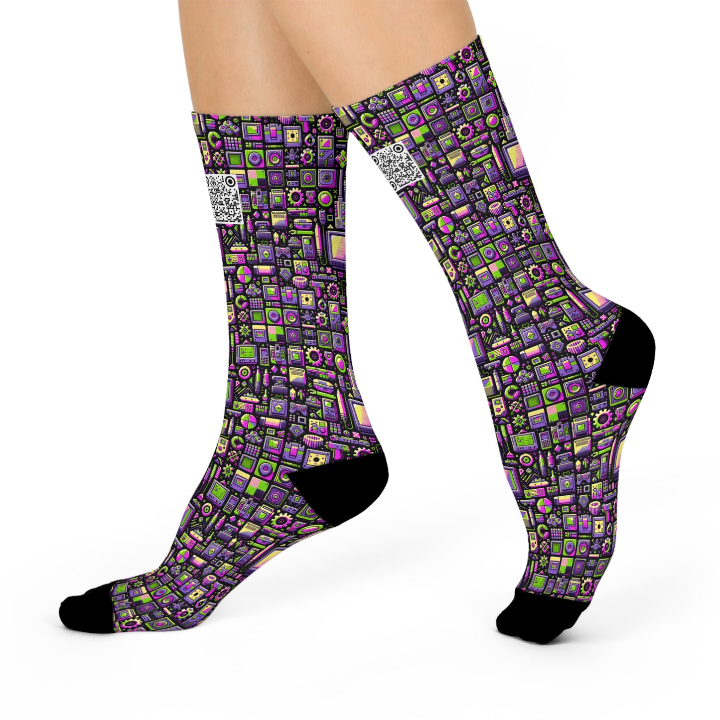 Digital Nostalgia Remix Modern Vintage Fusion Cushioned Crew Socks - 8404 Design-67