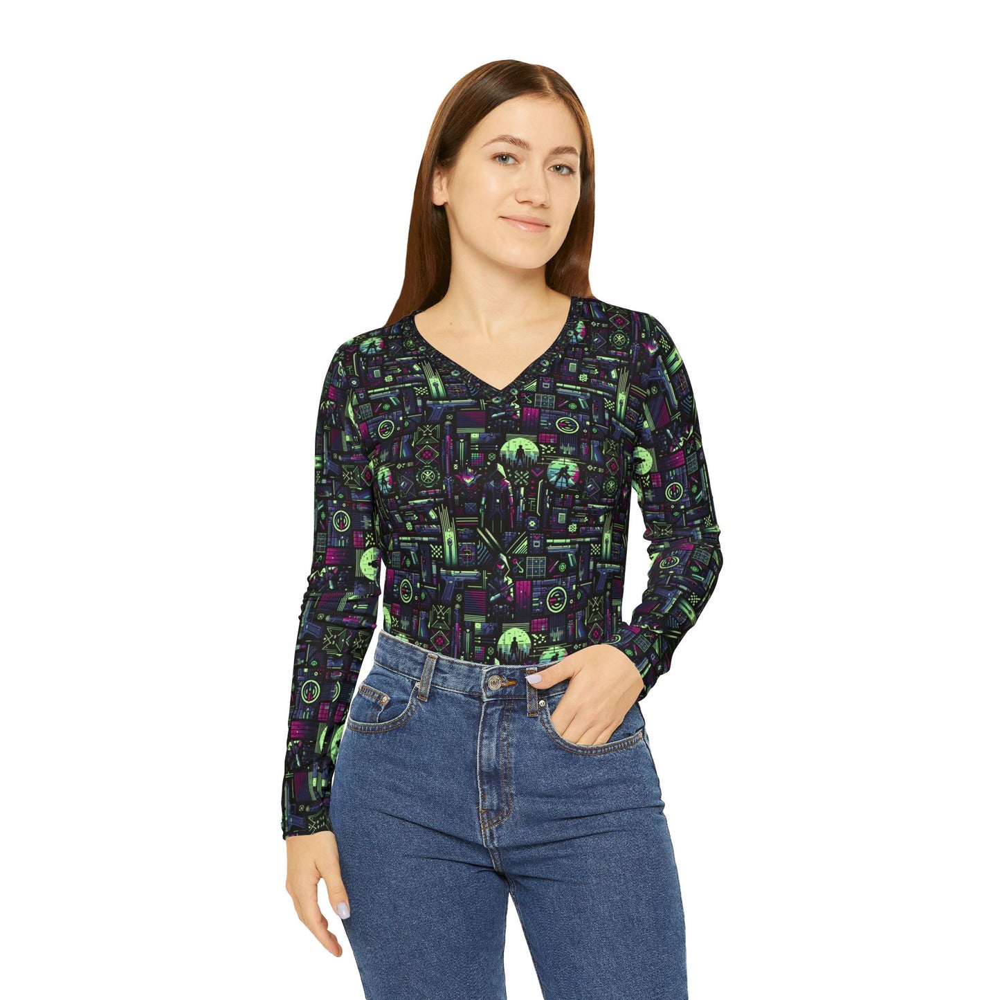 Tech Noir Futuristic Cyberpunk Women's Long Sleeve V-Neck Shirt - 8404 Design-63