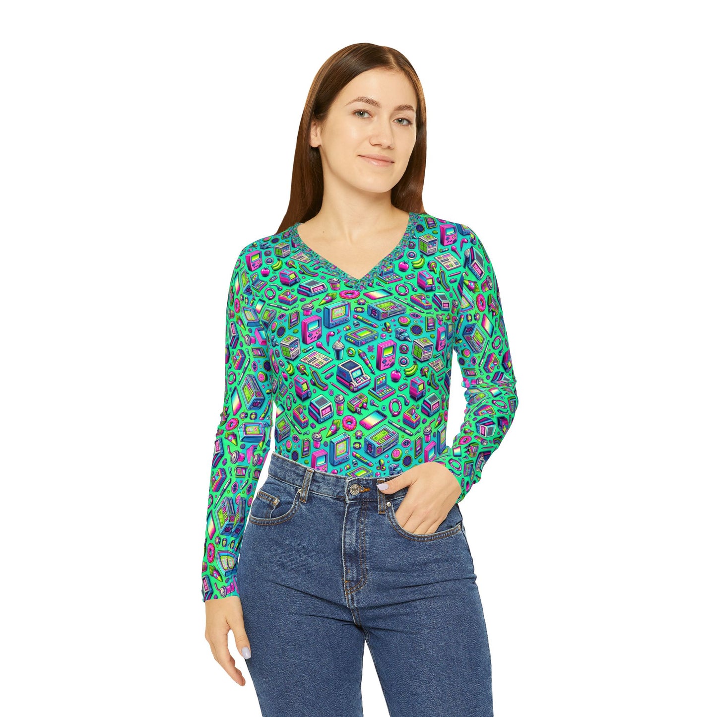 Y2k Revival Nostalgic Futurism Women's Long Sleeve V-Neck Shirt - 8404 Design-48