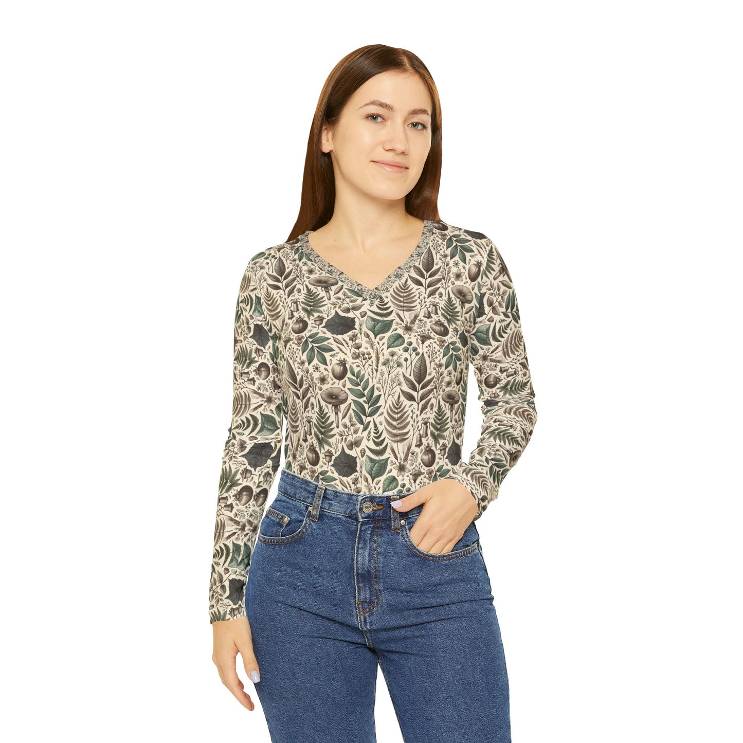 Sustainable Streetwear Modern Eco-Conscious Women's Long Sleeve V-Neck Shirt - 8404 Design-57