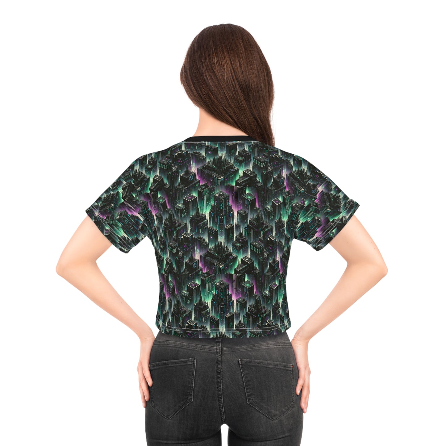 Tech Noir Aesthetics Tech-Forward Urban Dystopia Crop Tee - 8404 Design-44