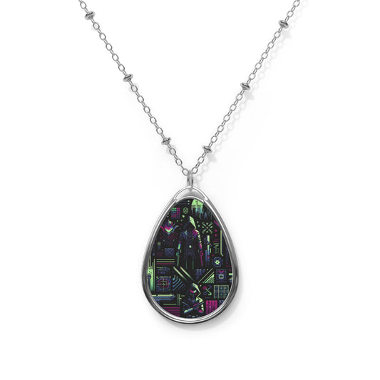 Tech Noir Futuristic Cyberpunk Oval Necklace - 8404 Design-63