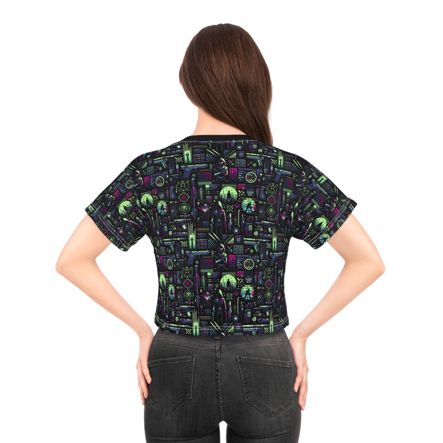 Tech Noir Futuristic Cyberpunk Crop Tee - 8404 Design-63