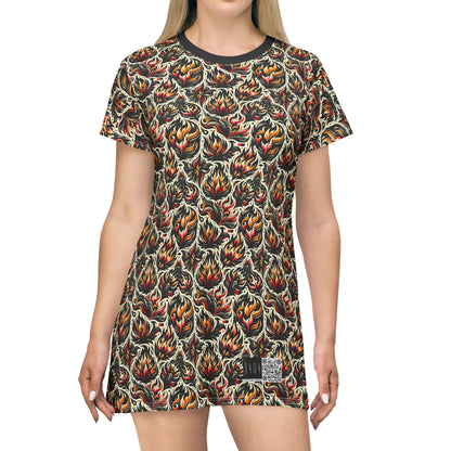 Fire & Flames Bold Streetwear Statement T-Shirt Dress - 8404 Design-57