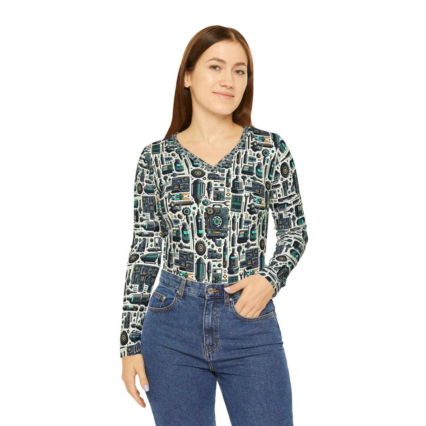 Tech Utility Fusion Modern Tech Streetwear Women's Long Sleeve V-Neck Shirt - 8404 Design-53