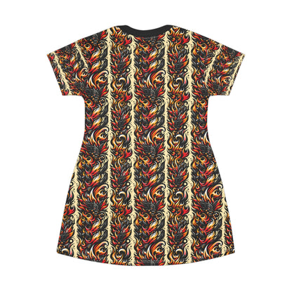 Flame Graphics Maximalist Streetwear T-Shirt Dress - 8404 Design-65
