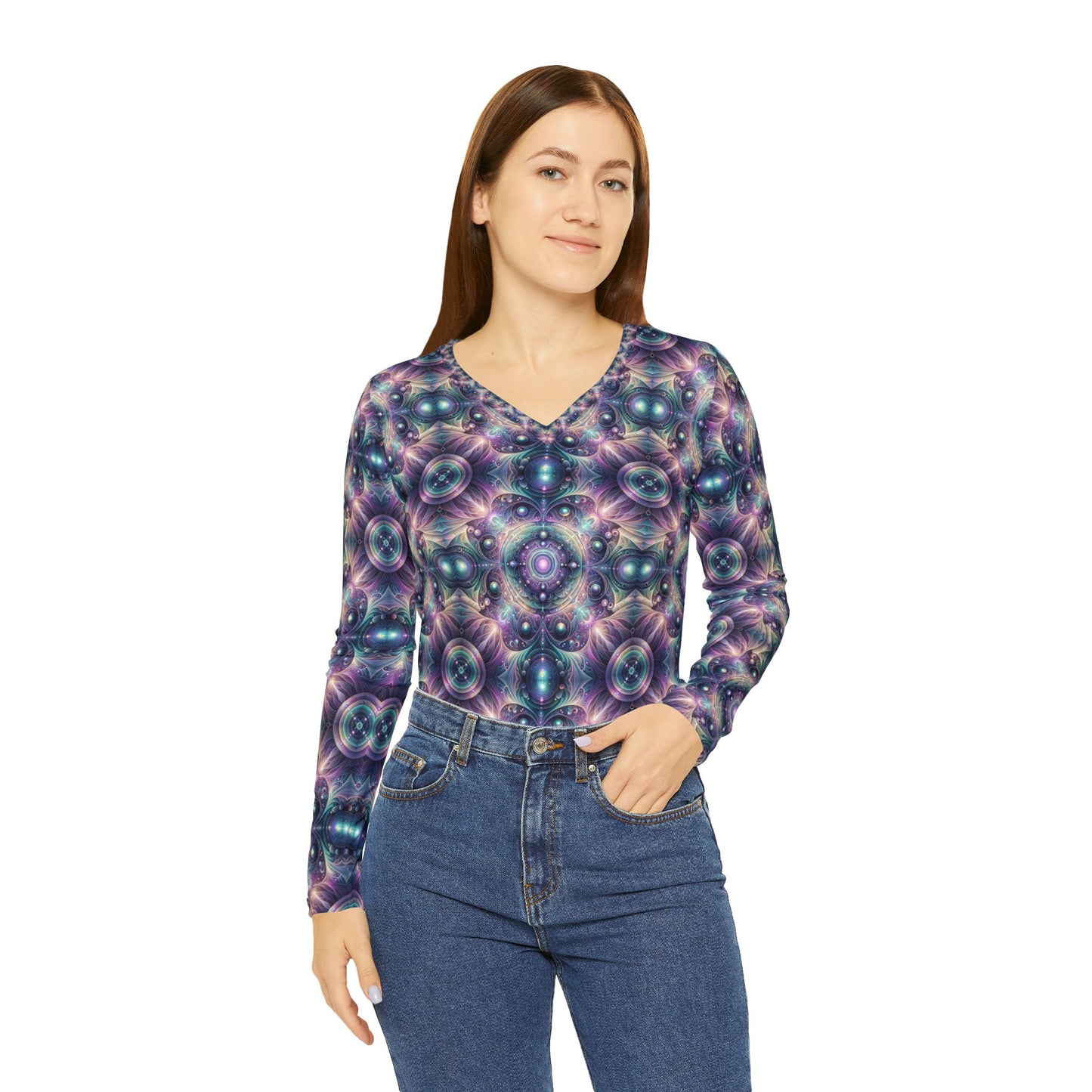Iridescent Tech Fusion Tech-Forward Streetwear Women's Long Sleeve V-Neck Shirt - 8404 Design-61