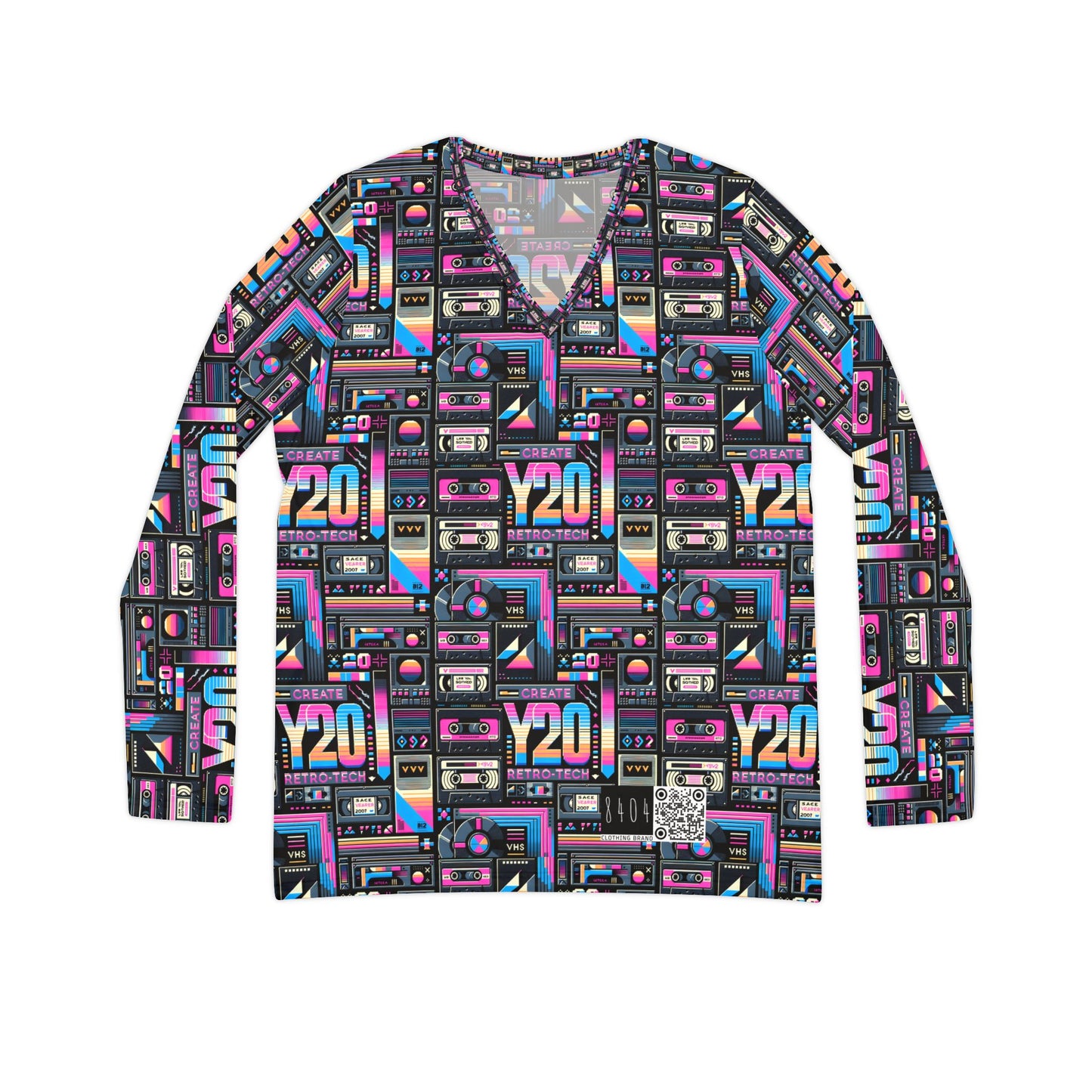 Digital Nostalgia Tech-Inspired Retro Fusion Women's Long Sleeve V-Neck Shirt - 8404 Design-65