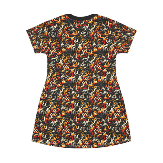 Fire & Flames Bold Streetwear Statement T-Shirt Dress - 8404 Design-55