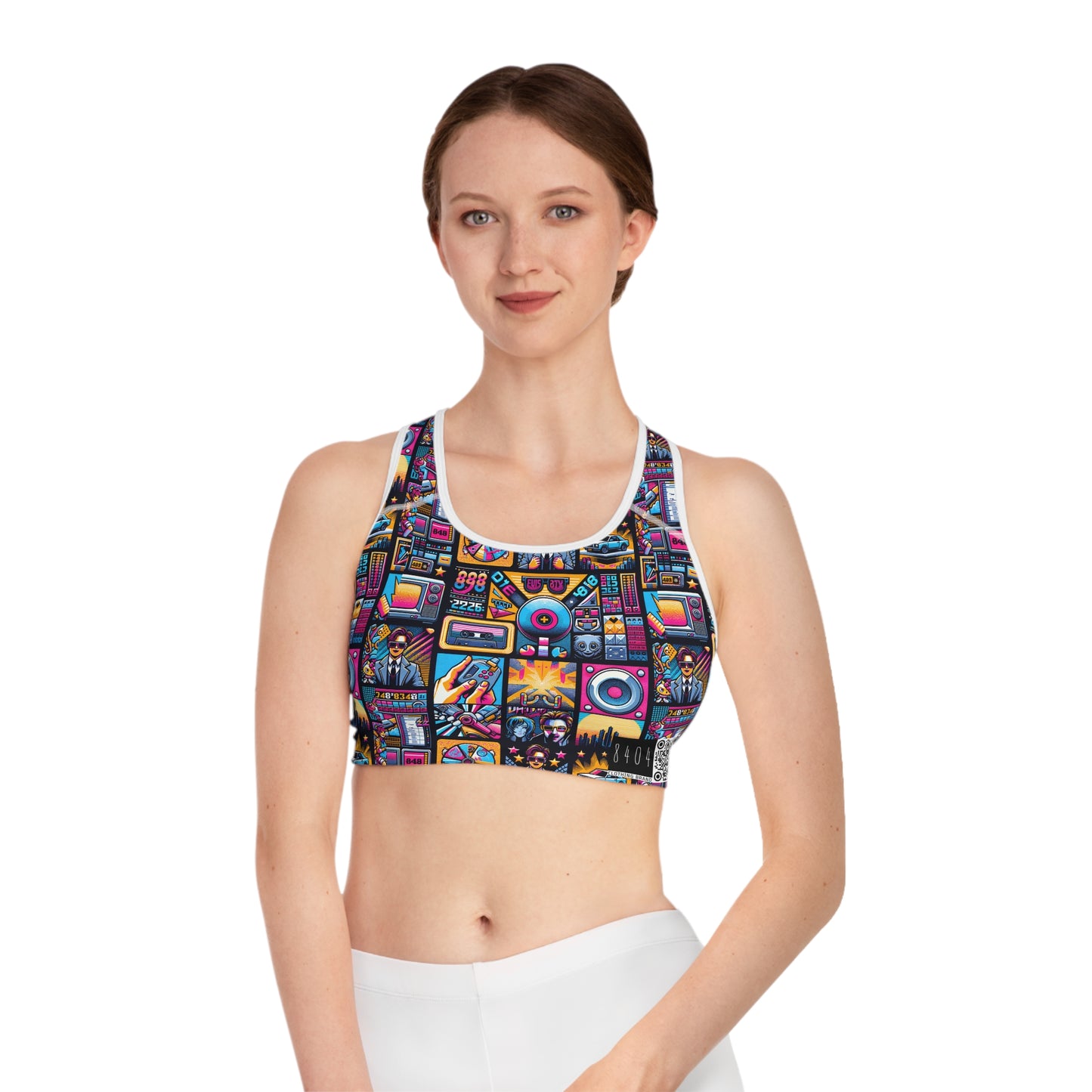 Digital Pop Culture Mashup Maximalist Pop Sports Bra - 8404 Design-52