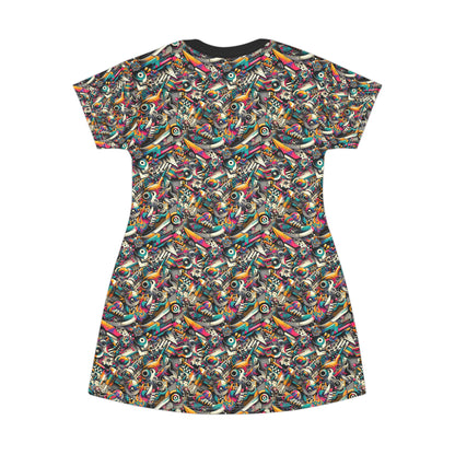 Urban Graffiti Fusion Eclectic Street Art Meets Modern Tech Culture T-Shirt Dress - 8404 Design-55