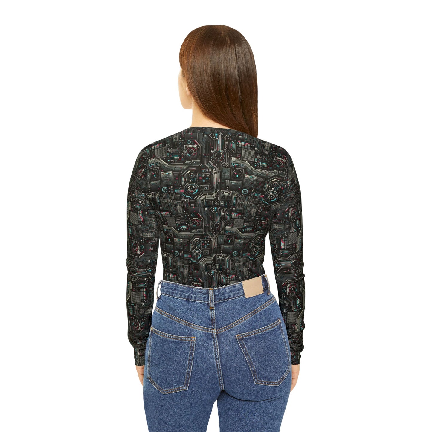 Tech Noir Aesthetics Sleek Tech Streetwear Women's Long Sleeve V-Neck Shirt - 8404 Design-52