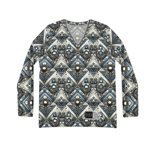 Tech Utility Fusion Tech-Forward Utility With a Futuristic Edge Women's Long Sleeve V-Neck Shirt - 8404 Design-63