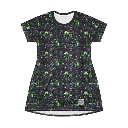 Tech Noir Futuristic Cyberpunk T-Shirt Dress - 8404 Design-63