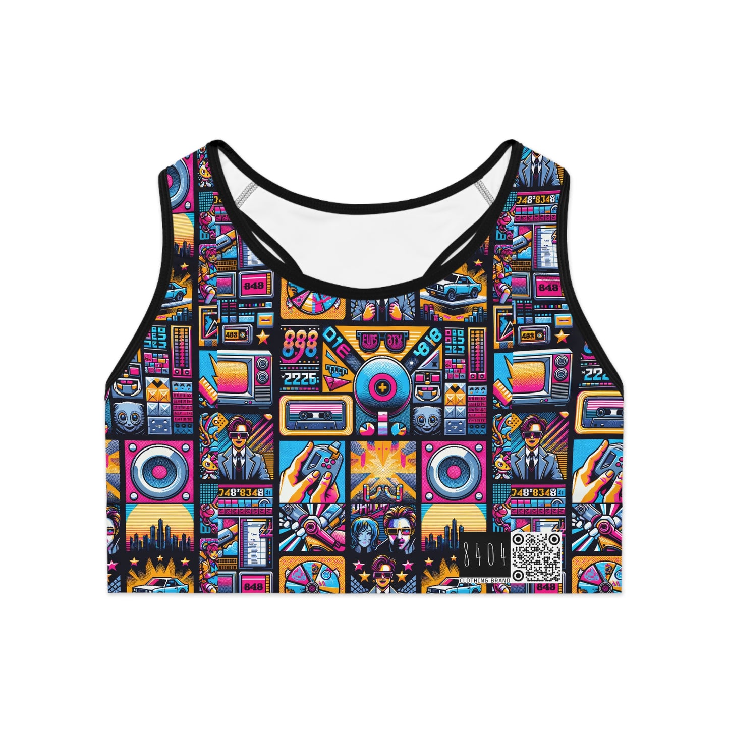 Digital Pop Culture Mashup Maximalist Pop Sports Bra - 8404 Design-52