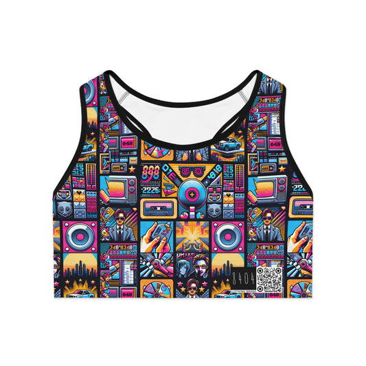Digital Pop Culture Mashup Maximalist Pop Sports Bra - 8404 Design-52