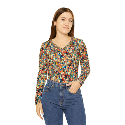 Digital Artistic Expression Artistic Streetwear Women's Long Sleeve V-Neck Shirt - 8404 Design-46