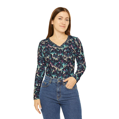 Digital Rebellion Tech-Inspired Streetwear Women's Long Sleeve V-Neck Shirt - 8404 Design-51