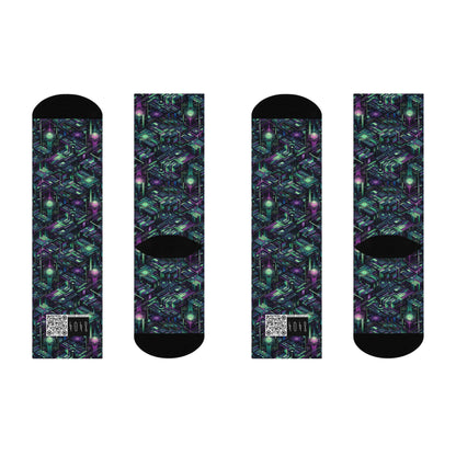 Tech Noir Aesthetics Tech-Forward Urban Dystopia Cushioned Crew Socks - 8404 Design-43